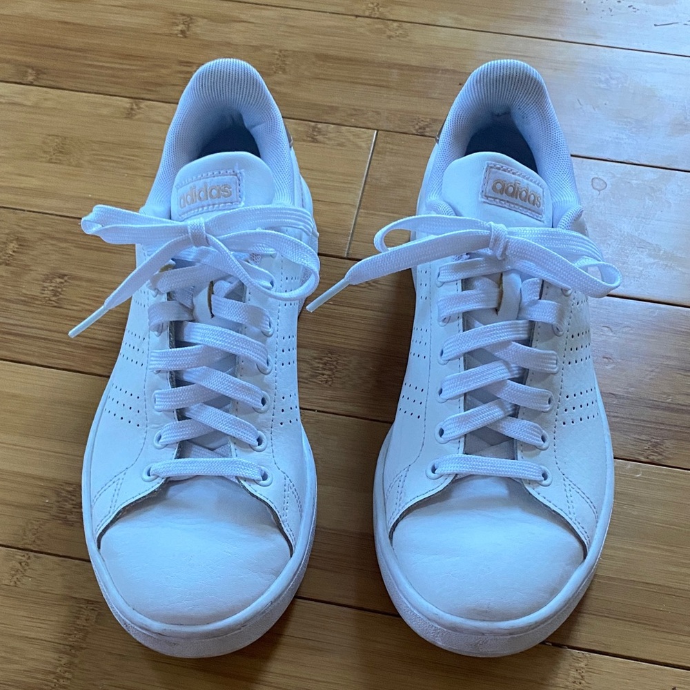 White leather adidas cloud foam sneakers